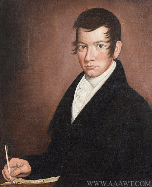 Portrait, Young Man Holding a Pen, Seated in Decorated Windsor Chair, Folk Art
A Powerful, Engaging and Intense Composition
Attributed to Harlan Page (1791 to 1834), entire view
